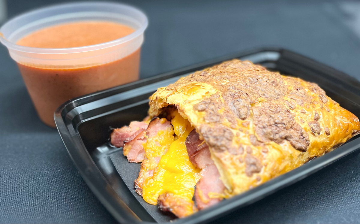 Ham & Cheddar Strudel with Tomato Bisque