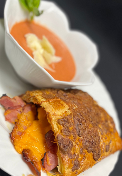 Ham & Cheddar Strudel with Tomato Bisque