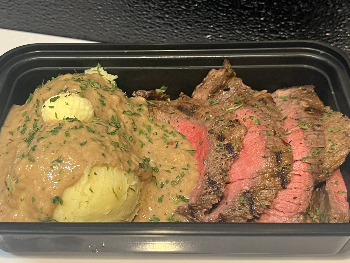 Flank Steak with Mashed Potatoes and Gravy *GF